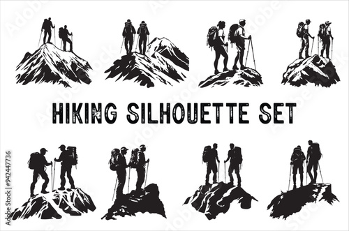Hiking silhouette vector Bundle illustration. Hiker Silhouette set.