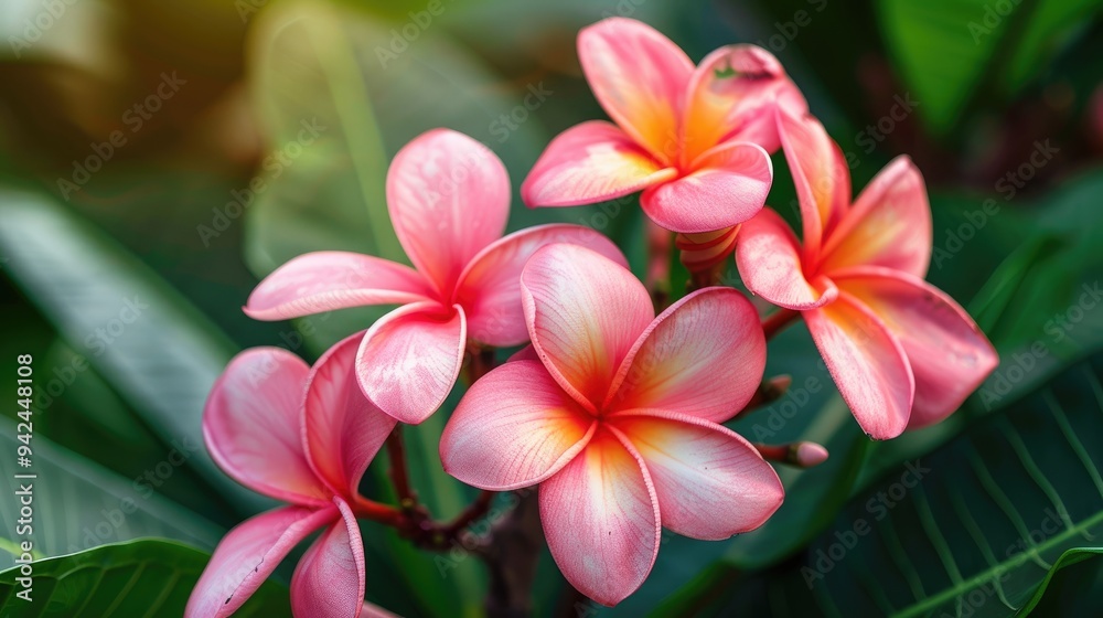 Pink Plumeria Blossoms in a Morning Garden Pink Plumeria Blossoms in a Morning Garden