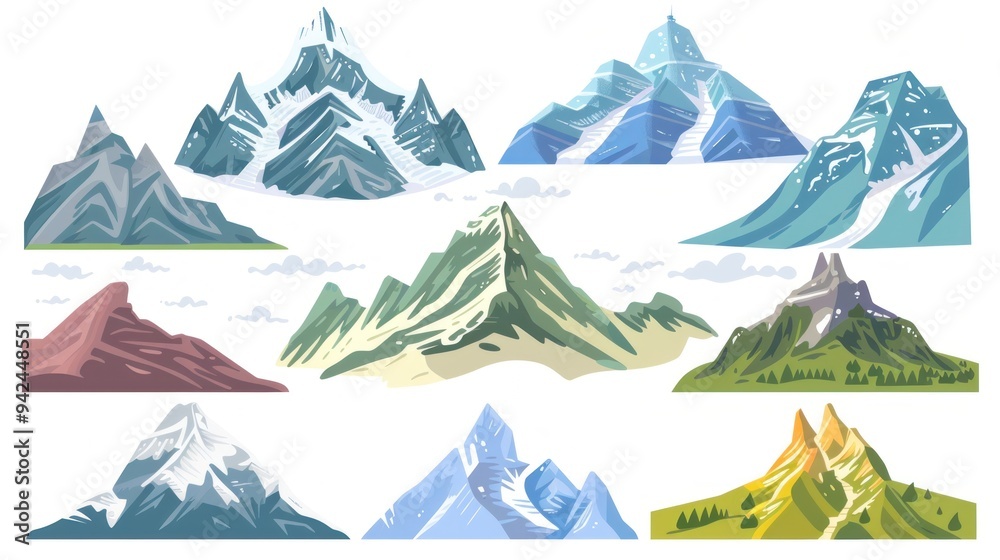 Fototapeta premium Set of colorful cartoon mountains.