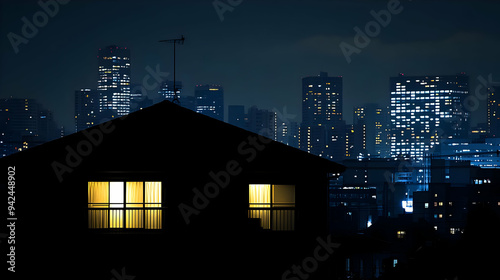 A lone house with a lit win...