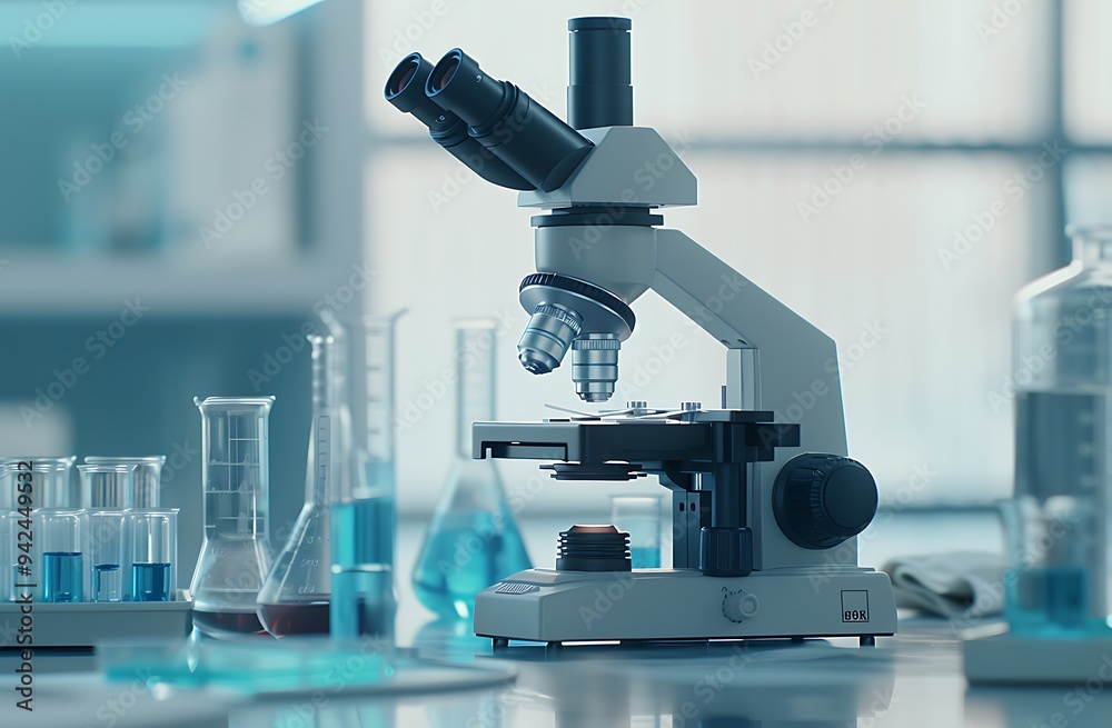 A closeup of an advanced microscope in the foreground, with laboratory equipment and test tubes blurred out behind it. The background is softly focused to create depth, highlighting scientific explora A closeup of an advanced microscope in the foreground, with laboratory equipment and test tubes blurred out behind it. The background is softly focused to create depth, highlighting scientific explora