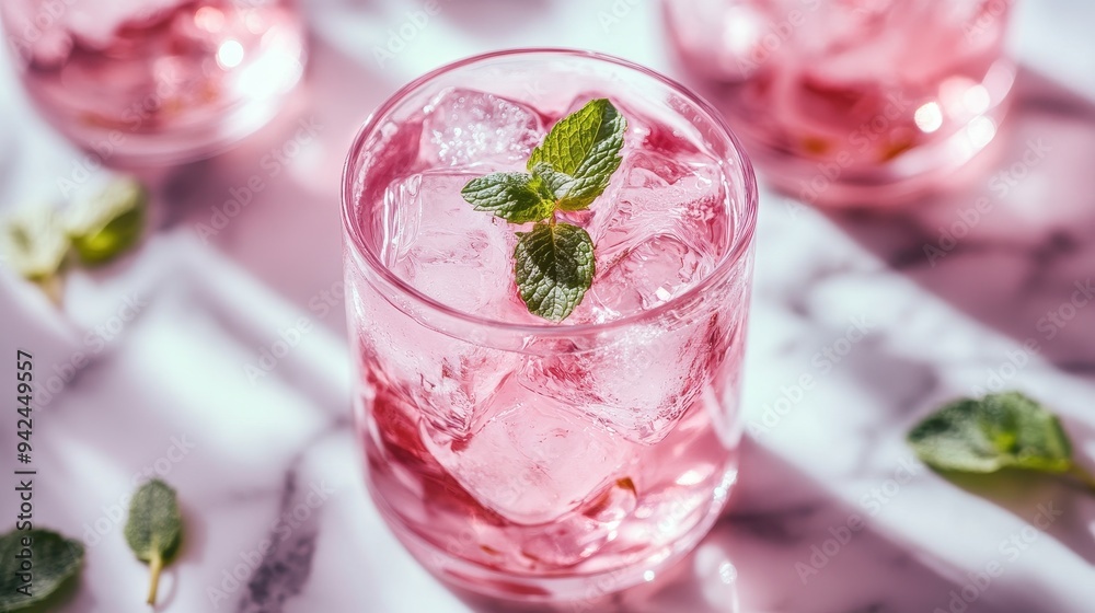 Refreshing Pink Drink with Mint and Ice Cubes on Marble Background Refreshing Pink Drink with Mint and Ice Cubes on Marble Background