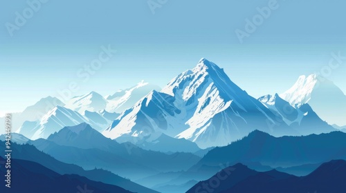 Mountain landscape with snow-capped peaks and clear blue sky, conveying nature and tranquility.