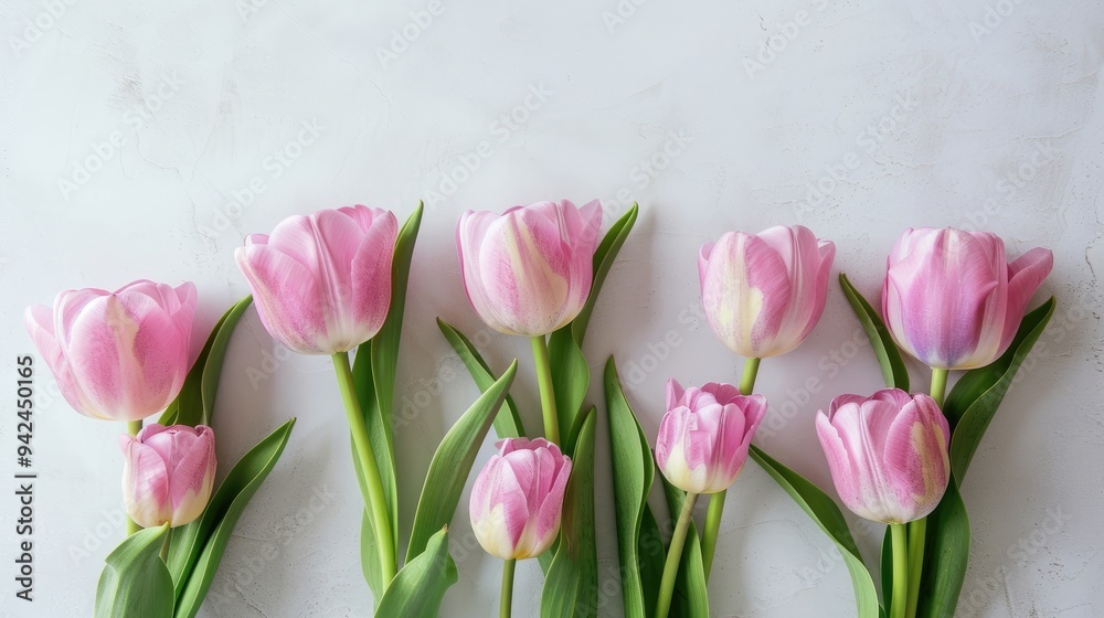 Pink tulips on light background with copy space for International Women s Day and Mother s Day concept