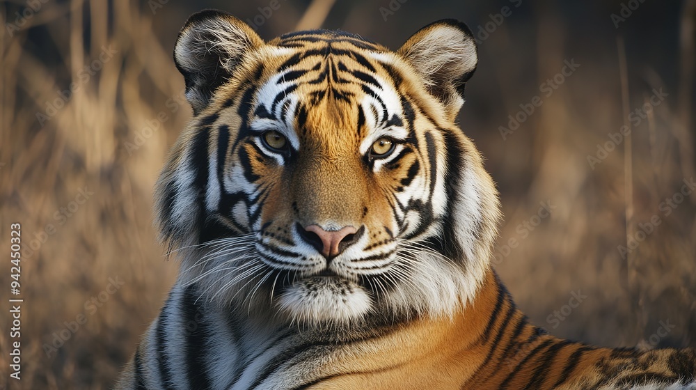 Fototapeta premium Portrait of a Tiger: Majestic and Detailed Close-Up of a Tiger's Face, Highlighting Its Powerful Features and Striking Stripes