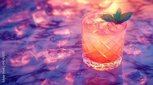 Refreshing Summer Cocktail with Ice and Mint on Purple Background