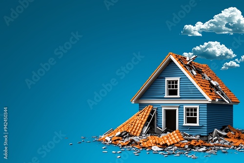 A damaged blue house with debris, showcasing the aftermath of a natural disaster against a clear blue sky.