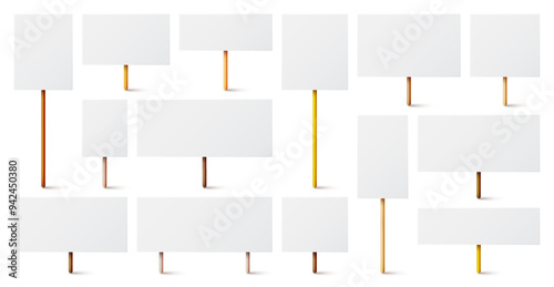 Blank white protest sign with wooden holder. Various realistic vector demonstration banners. Strike action cardboard placard mockup. Social advertisement. Vector illustration