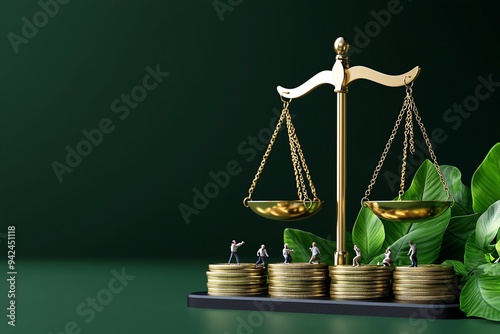 A balanced scale symbolizing justice with coins and greenery, representing financial equity and legal fairness. photo