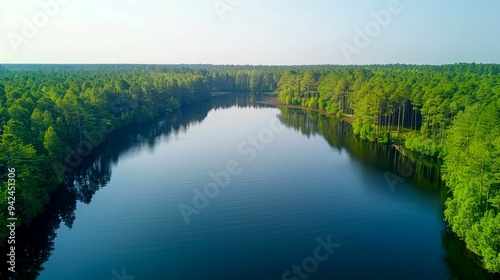 Fototapeta Naklejka Na Ścianę i Meble -  Aerial View of a Serene Lake Surrounded by Lush Green Trees