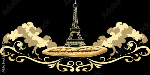 Elegant Parisian-inspired illustration with a golden baguette and the Eiffel Tower, framed by ornate scrollwork on a black background