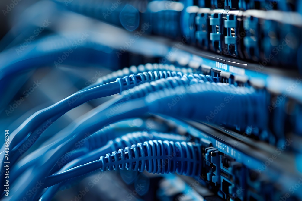 Closeup of network switch with neatly arranged wires and blue plates, highlighting the technology behind internet connectivity in an office setting. The image shows the inside of a network switch Closeup of network switch with neatly arranged wires and blue plates, highlighting the technology behind internet connectivity in an office setting. The image shows the inside of a network switch