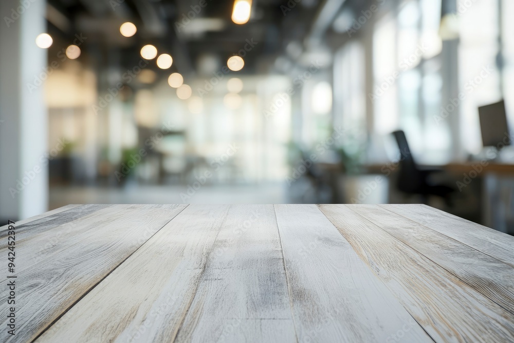 White wood table top and blurred bokeh office interior space background with generative ai White wood table top and blurred bokeh office interior space background with generative ai