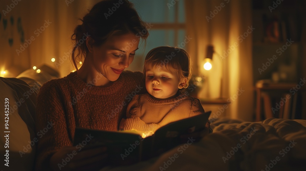 Mom reads a book to her child before bedtime. Picture of happy motherhood. Mother and child. Mother's Day.