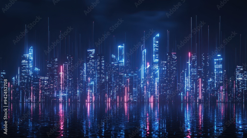 Futuristic Cityscape with Neon Lights and Reflections in Water Futuristic Cityscape with Neon Lights and Reflections in Water