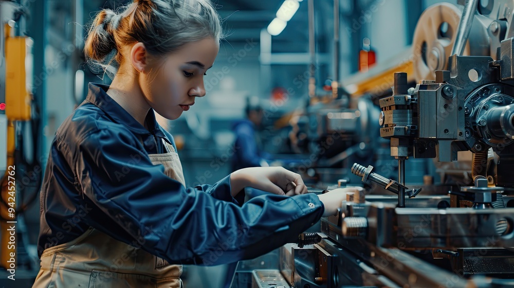 Female Worker Operating a Machine in a Factory Female Worker Operating a Machine in a Factory