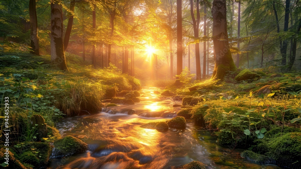 Obraz premium Sunlit Stream Winding Through a Misty Forest