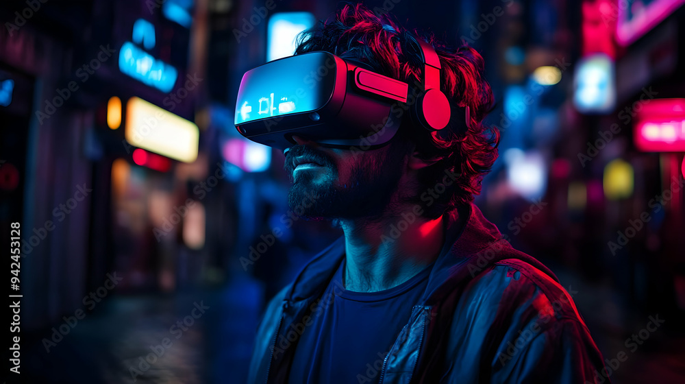 A man wearing VR headset standing in a neon lit city street at night. A man wearing VR headset standing in a neon lit city street at night.