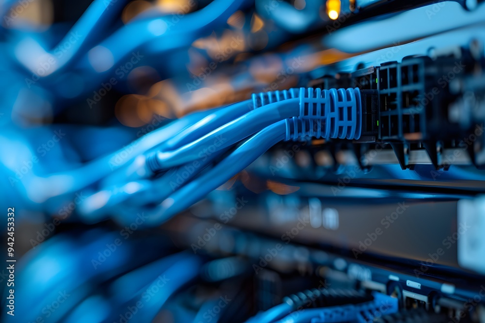 Closeup of network switch with neatly arranged wires and blue plates, highlighting the technology behind internet connectivity in an office setting. The image shows the inside of a network switch Closeup of network switch with neatly arranged wires and blue plates, highlighting the technology behind internet connectivity in an office setting. The image shows the inside of a network switch