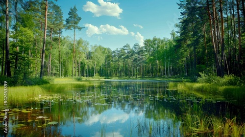 Tranquil Forest Pond with Reflections of Trees and Clouds