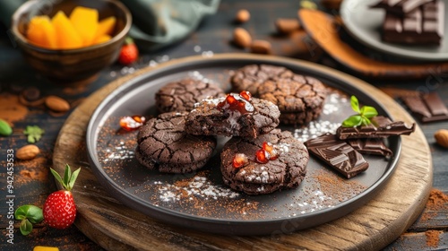 Plate of homemade shortbread chocolate cookies with a bite chocolate pieces stewed fruit compote on wooden table photo