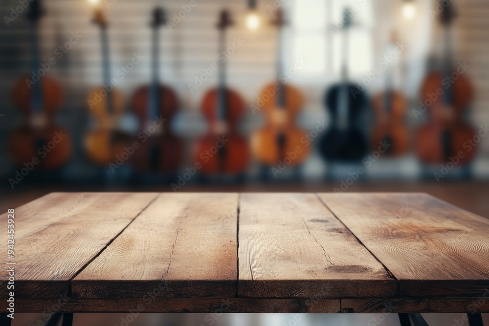 Wooden table with copy space and blurred background with music instruments in the back with generative ai