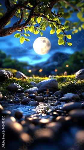 Serene night scene featuring a glowing moon, lush leaves, and a gently flowing stream over smooth stones. photo