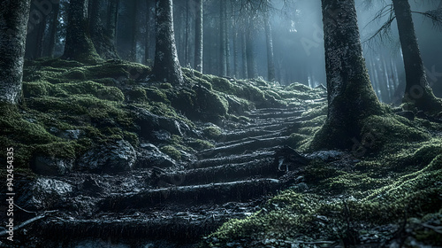 A misty forest path leads u...