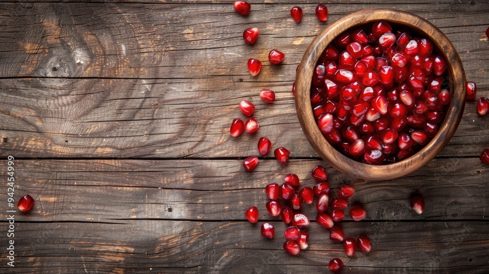 Pomegranate grains and seeds on wooden backdrop Pomegranate grains and seeds on wooden backdrop