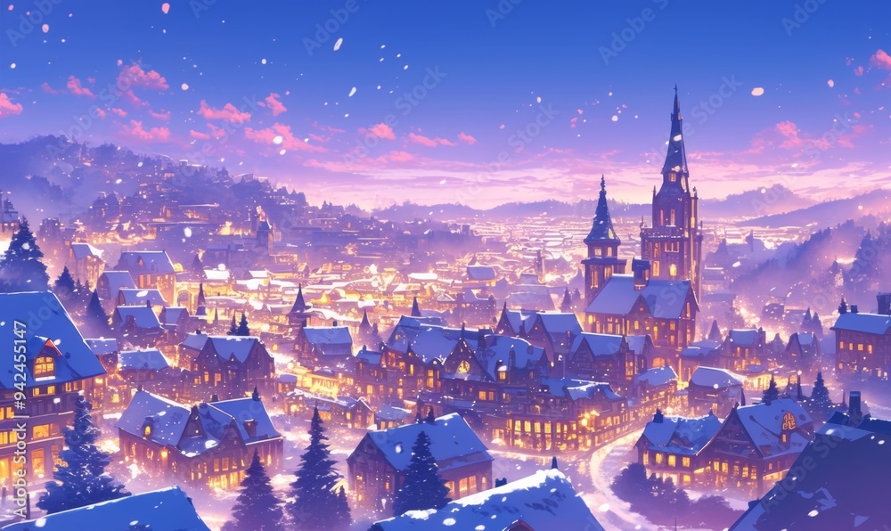 Naklejka premium Enchanting Winter Cityscape Collection: Diverse Urban Scenes from Charming European Towns to Modern Metropolises. Magical Anime-Inspired Fantasy Wonderland for Festive Marketing, Holiday Promotions, a