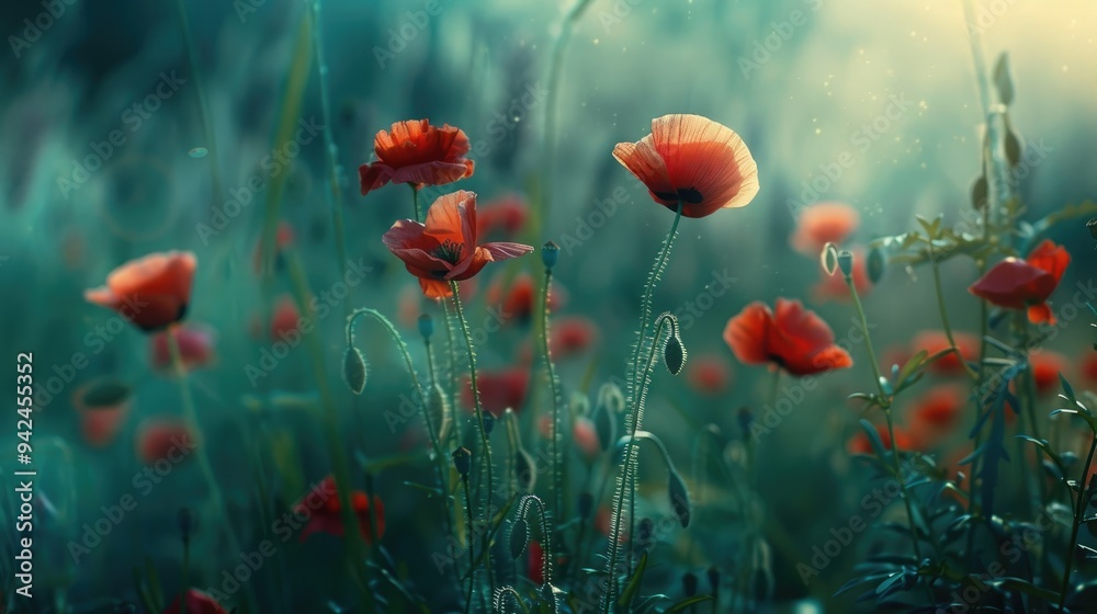 Obraz premium Poppy flowers in a meadow representing nature