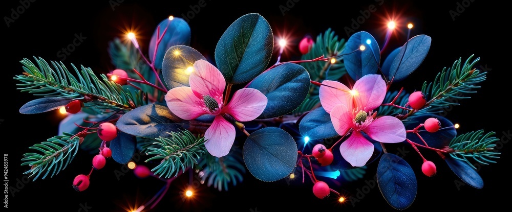 Obraz premium Festive Floral Garland with Fairy Lights