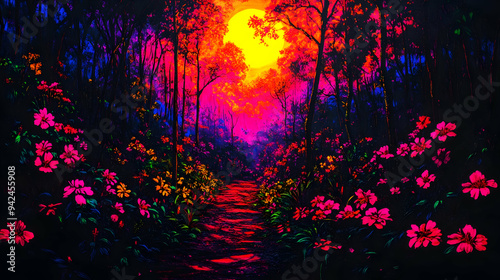 A neon-colored forest path ...