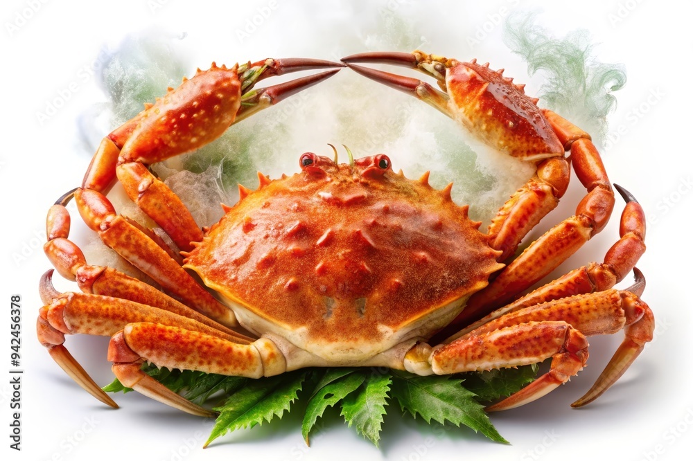 A single, fully cooked King Crab is presented on a white background, with a wisp of steam around it. This clip art represents a delectable seafood delicacy, evoking freshness, culinary expertise, and A single, fully cooked King Crab is presented on a white background, with a wisp of steam around it. This clip art represents a delectable seafood delicacy, evoking freshness, culinary expertise, and