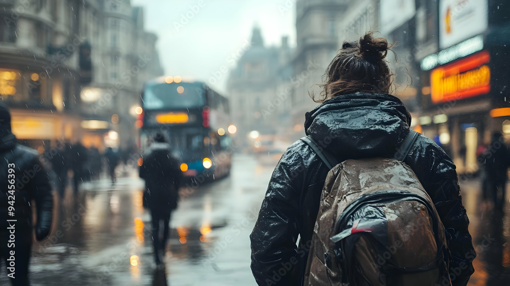 Fototapeta premium A person walks through a rainy city street with a backpack.