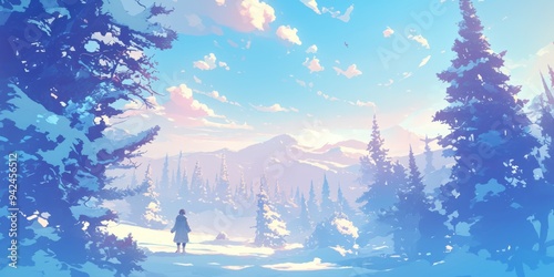 Solitary Pine in Winter Wonderland: Symbolic Anime-Style Illustration for Festive Marketing and Minimalist Web Design. Elegant Snowy Landscape Representing Resilience, Nature's Power, and Seasonal Pro