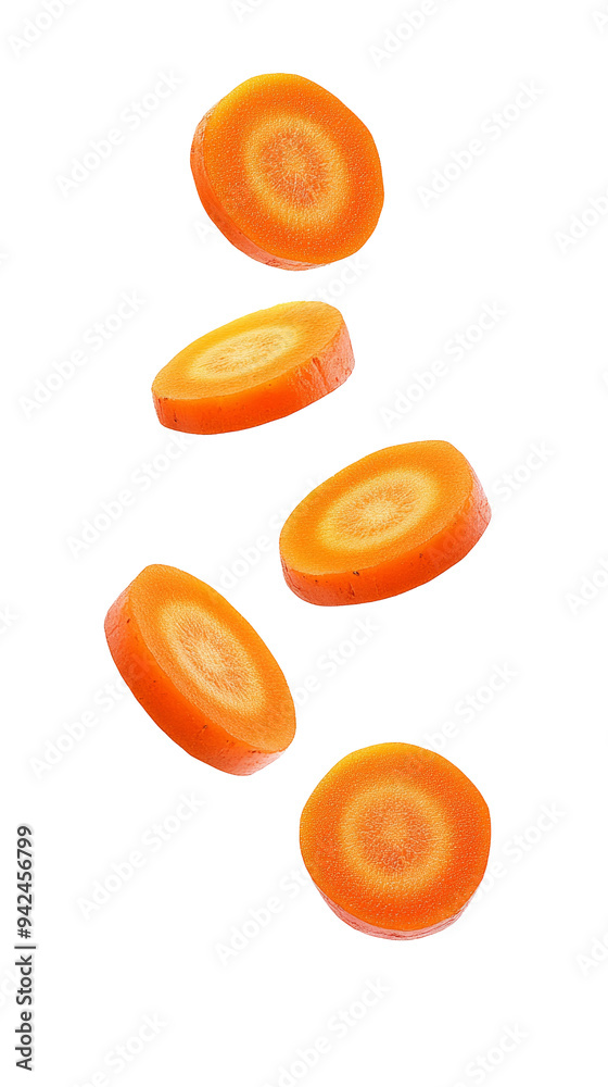 Falling Carrot slice isolated on white background, full depth of field Falling Carrot slice isolated on white background, full depth of field