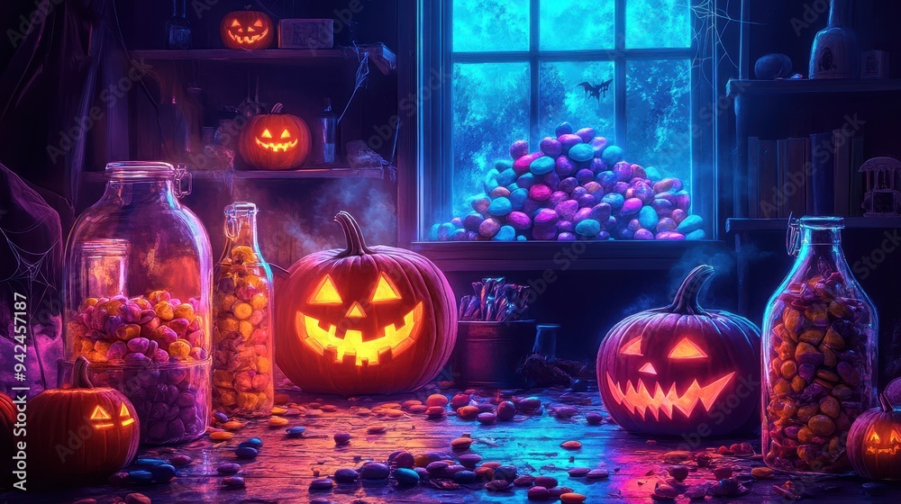 Halloween Jack o Lantern Scene with Glowing Candy Jars and Window Halloween Jack o Lantern Scene with Glowing Candy Jars and Window