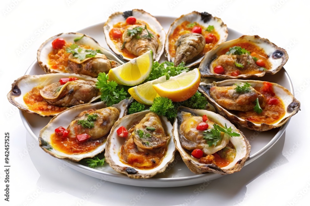 A platter of freshly barbecued oysters, perfectly cooked and seasoned, with a hint of citrus. These oysters are a delicious and satisfying seafood dish, perfect for any occasion.