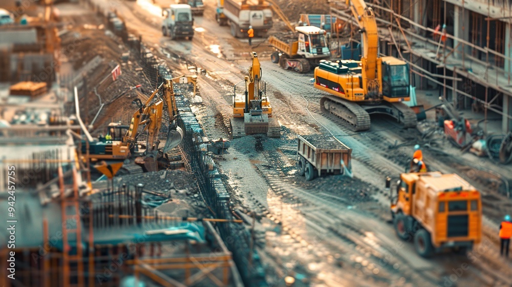 Construction Site with Excavators and Dump Trucks Construction Site with Excavators and Dump Trucks