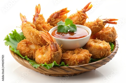 A plate of golden-brown, breaded shrimp coated in shredded coconut, served with a side of sweet chili sauce and a garnish of fresh parsley. The shrimp are a popular appetizer or main course, and the s photo