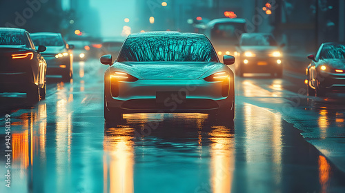 A silver car drives on a we...