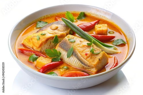 This image depicts a bowl of fish stew with coconut milk. The stew is a vibrant orange color and features chunks of fish, vegetables, and spices. This image is perfect for illustrating recipes, cookbo