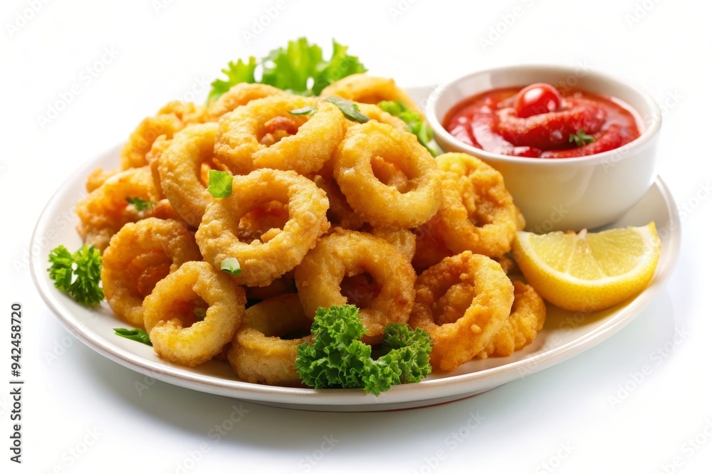 A plate of crispy fried calamari rings, arranged in a pile, with a side of ketchup and a lemon wedge. The calamari is golden brown and looks delicious. A plate of crispy fried calamari rings, arranged in a pile, with a side of ketchup and a lemon wedge. The calamari is golden brown and looks delicious.