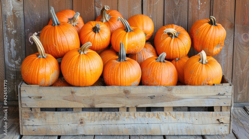 Pumpkins stacked on wooden box on farm stand floor Pumpkins stacked on wooden box on farm stand floor