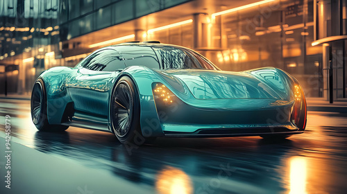 A sleek, teal sports car dr...
