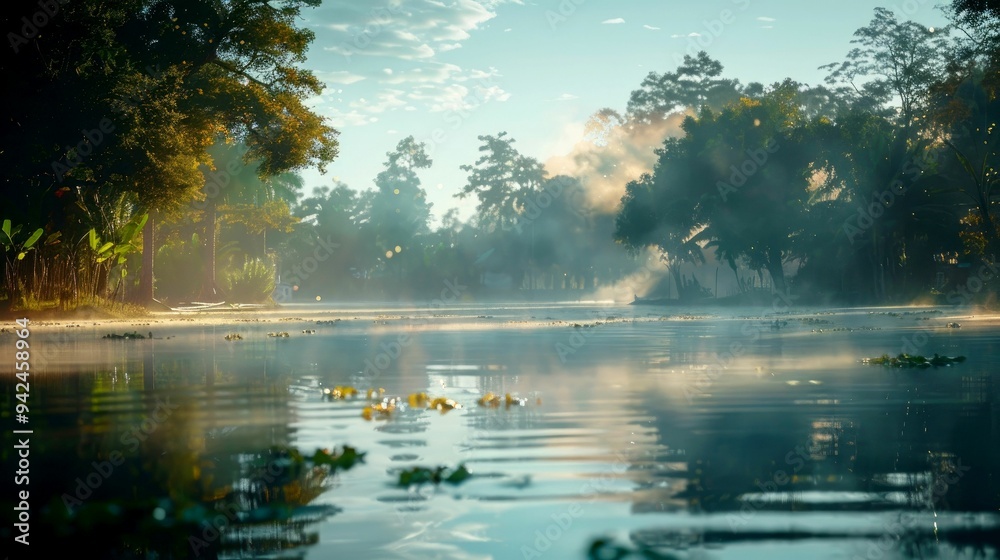 Misty Morning Sunlight Reflecting on a Still River Misty Morning Sunlight Reflecting on a Still River