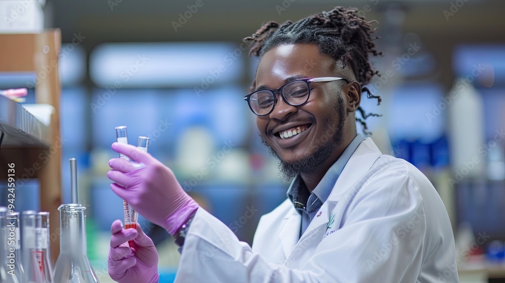 Smiling Male Scientist Holding Test Tube In Lab Smiling Male Scientist Holding Test Tube In Lab