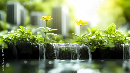 A small waterfall flows thr...