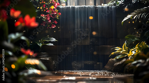 A small waterfall with gree...